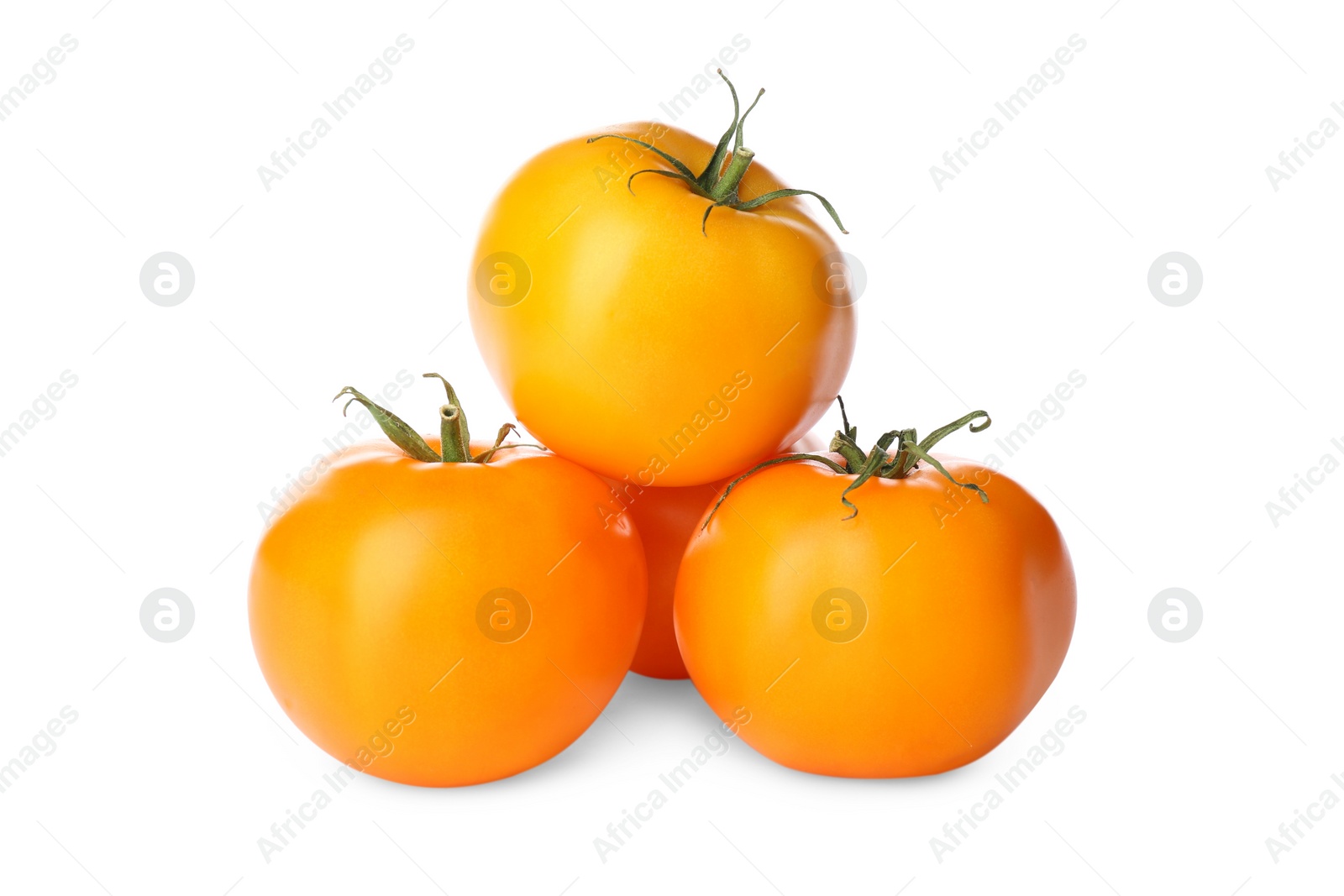 Photo of Delicious ripe yellow tomatoes isolated on white