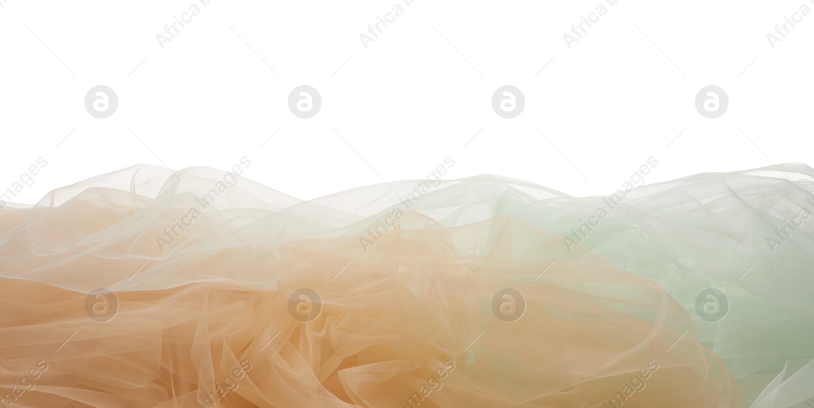 Photo of Beautiful colorful tulle fabrics on white background. Space for text