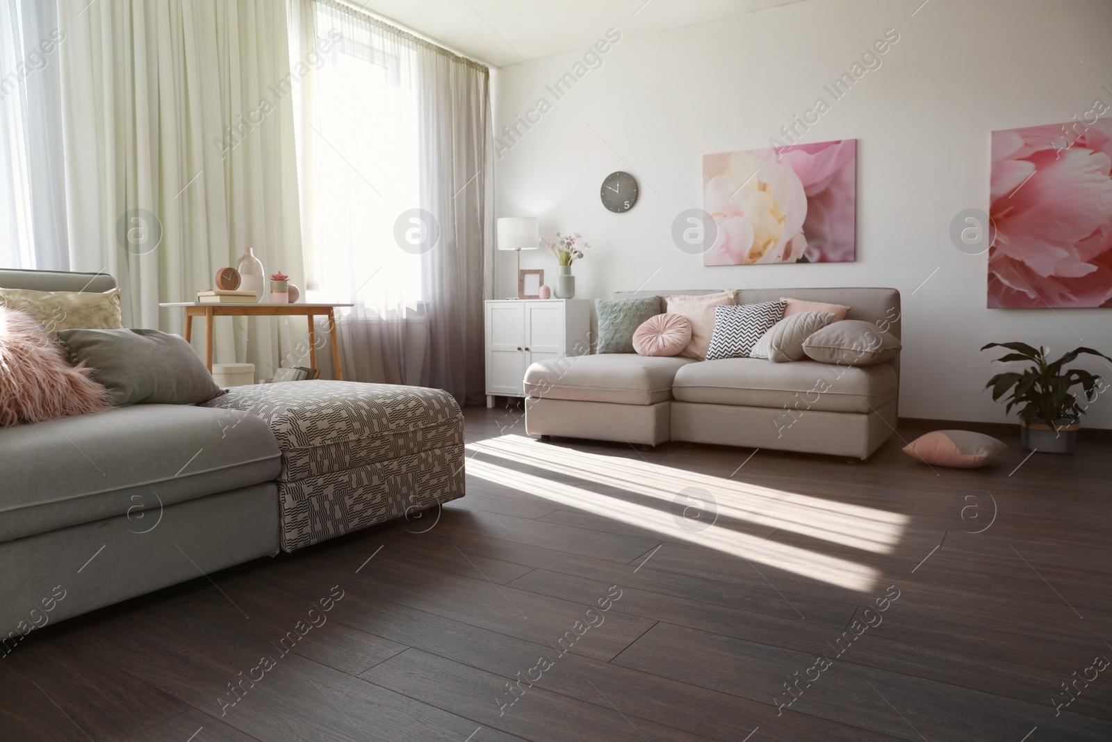 Photo of Elegant living room with comfortable sofas near windows. Interior design
