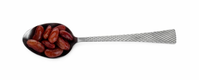 Photo of Spoon of canned kidney beans on white background, top view