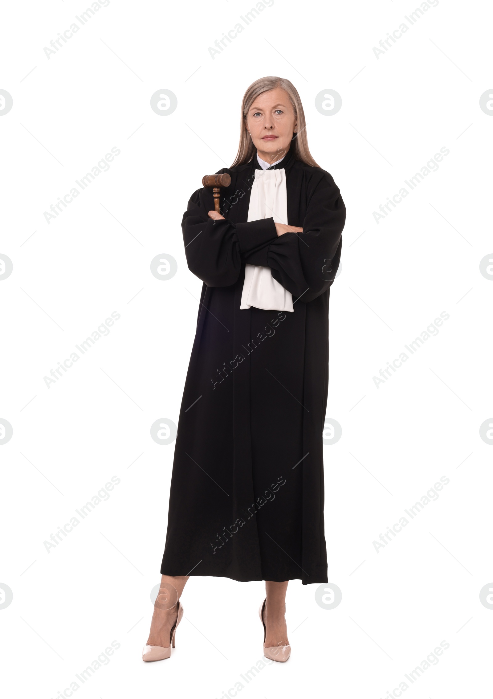 Photo of Beautiful senior judge with gavel on white background