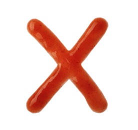 Letter X written with red sauce on white background