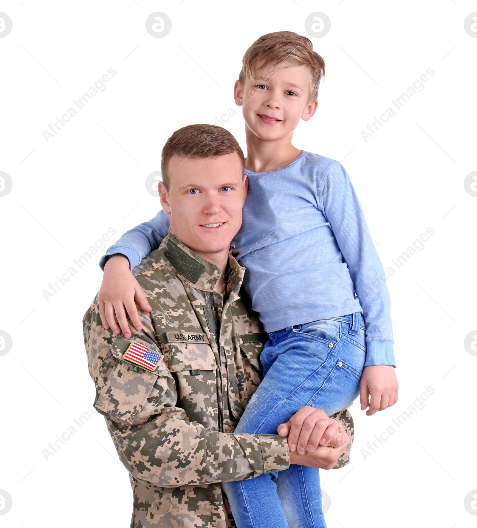 Photo of Male soldier with his son on white background. Military service