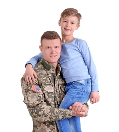 Photo of Male soldier with his son on white background. Military service