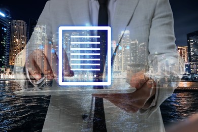 Image of Electronic signature concept. Double exposure of businessman with tablet and night cityscape