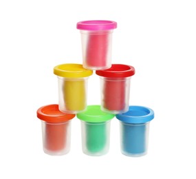 Photo of Plastic containers with colorful play dough on white background