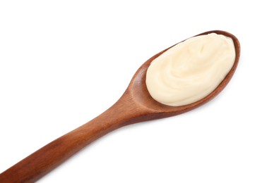 Wooden spoon with mayonnaise isolated on white