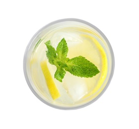 Glass with natural lemonade on white background, top view