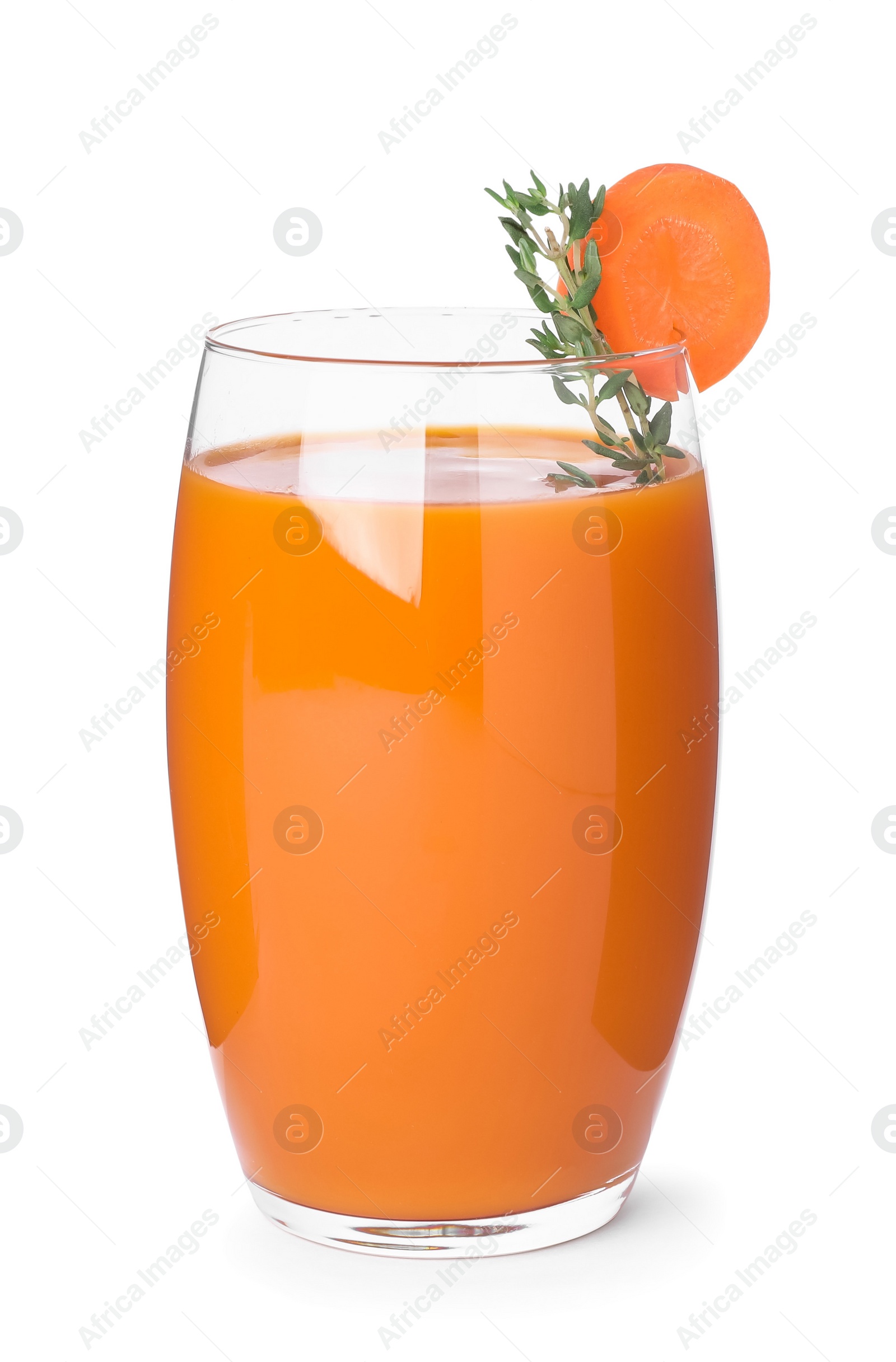Photo of Fresh carrot juice in glass on white background
