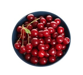 Blue ceramic bowl of delicious ripe sweet cherries on white background, top view