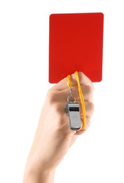 Photo of Referee holding red card and whistle on white background, closeup