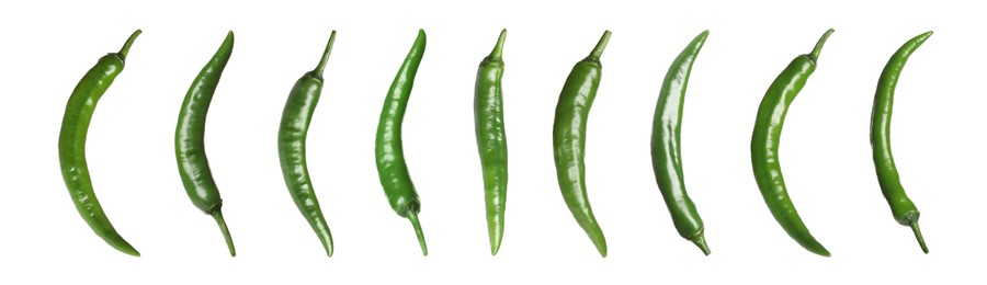 Set with green hot chili peppers on white background. Banner design