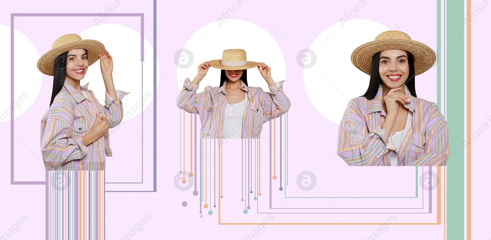 Image of Beautiful stylish woman on color background, banner collage design. Summer days