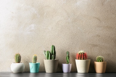 Photo of Different potted cacti on table near color background, space for text. Interior decor