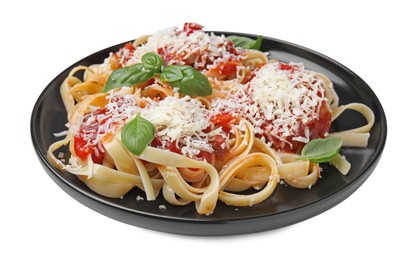 Photo of Delicious pasta with tomato sauce, basil and parmesan cheese isolated on white