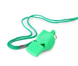 Photo of One green plastic whistle with cord isolated on white