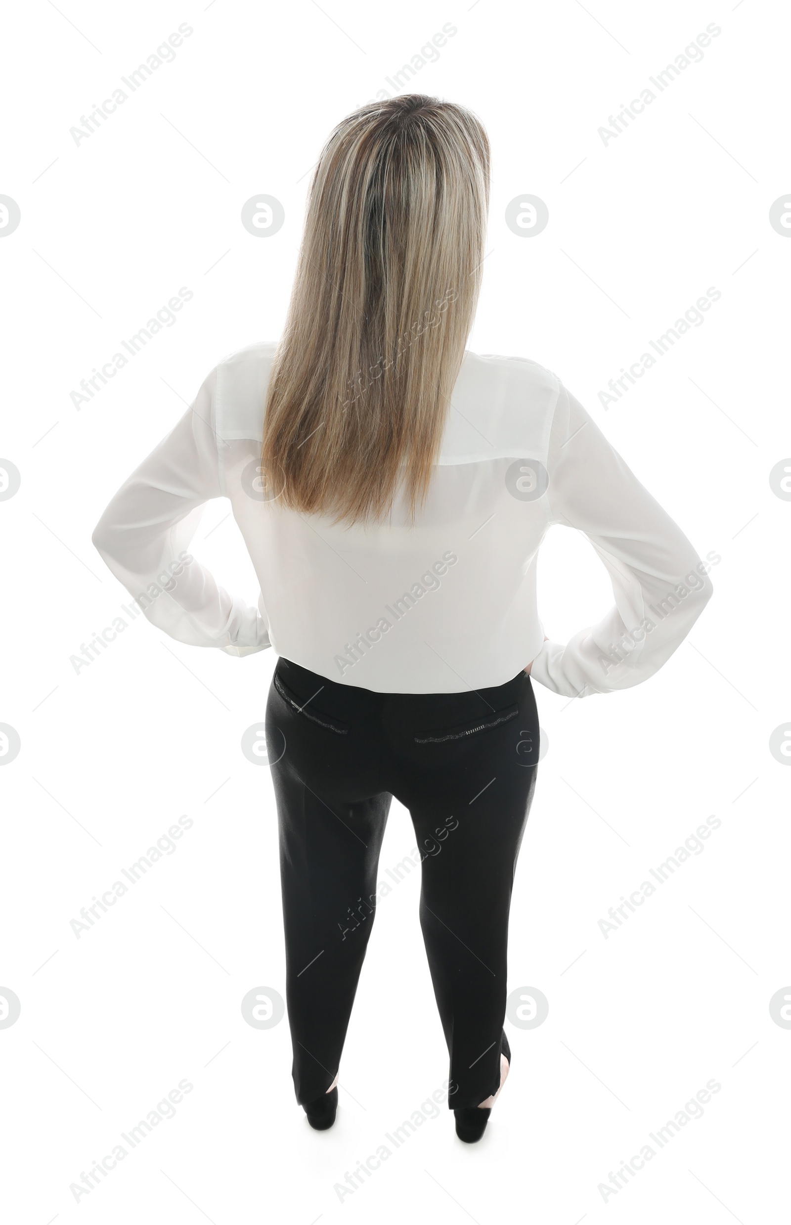 Photo of Young woman on white background, back view