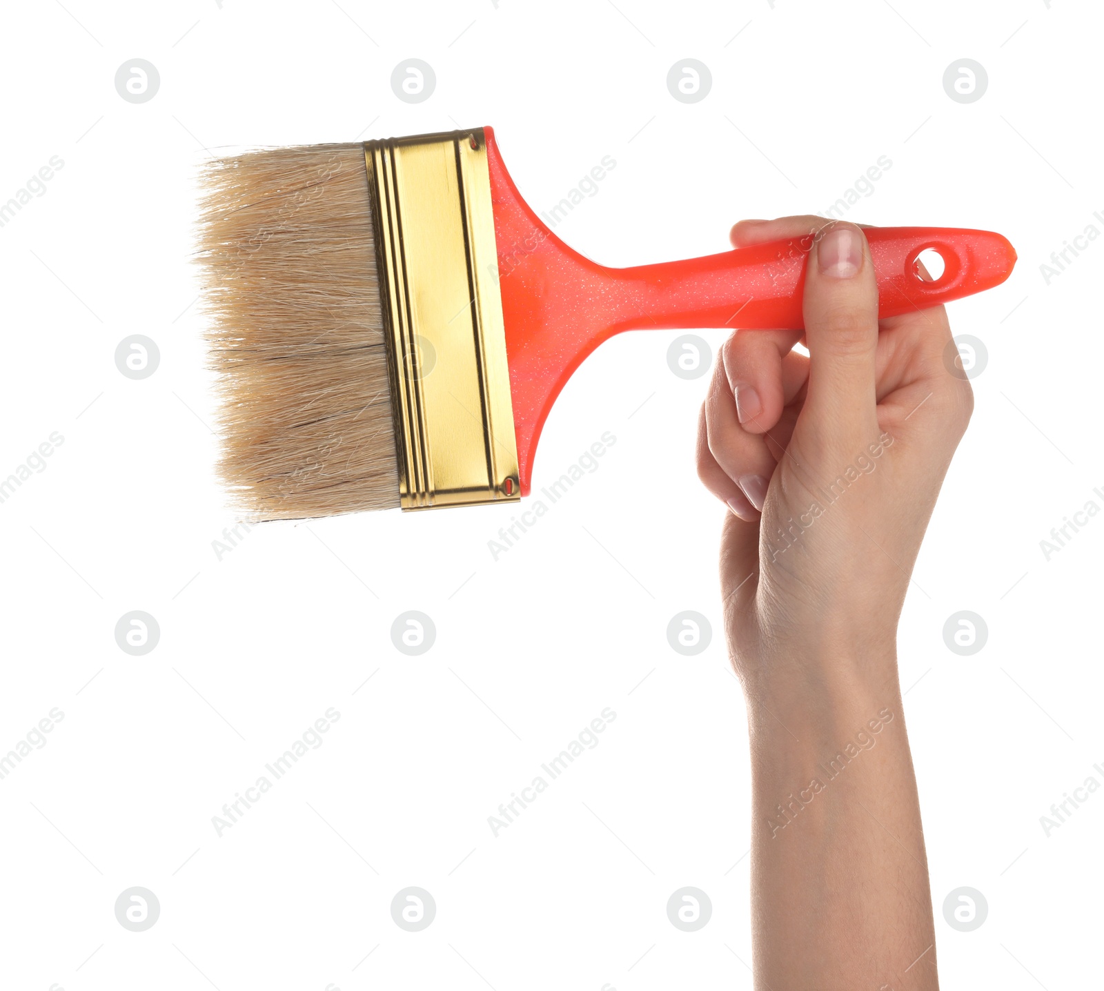 Photo of Woman holding paint brush on white background, closeup