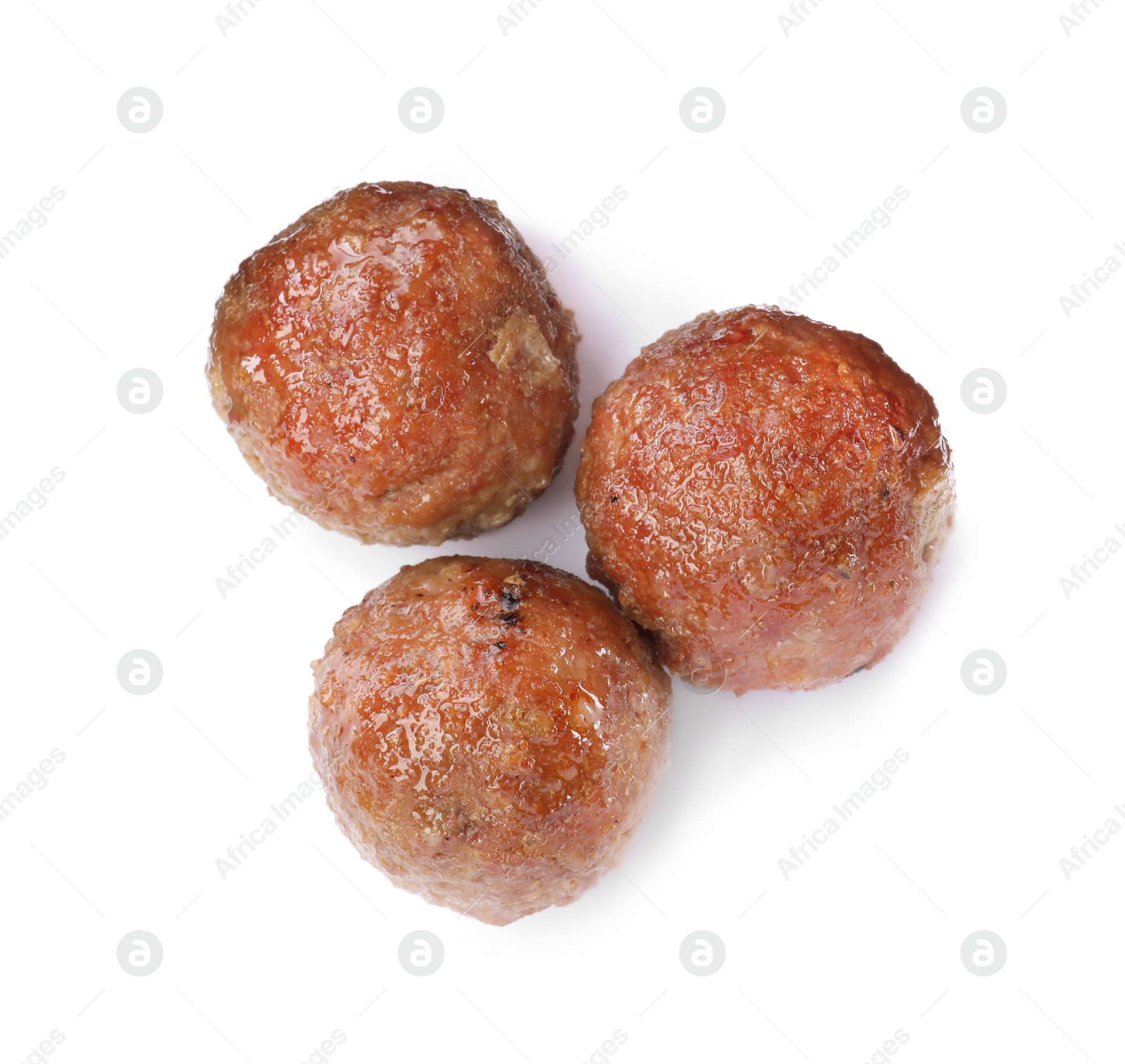 Photo of Tasty cooked meatballs on white background, top view