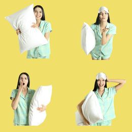 Collage of young woman in pajamas with pillow against yellow background