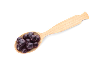 Photo of Fresh acai berries in wooden spoon isolated on white, top view