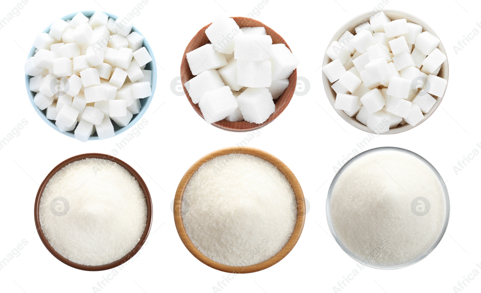 Image of Set with refined sugar on white background, top view