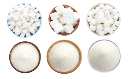 Image of Set with refined sugar on white background, top view