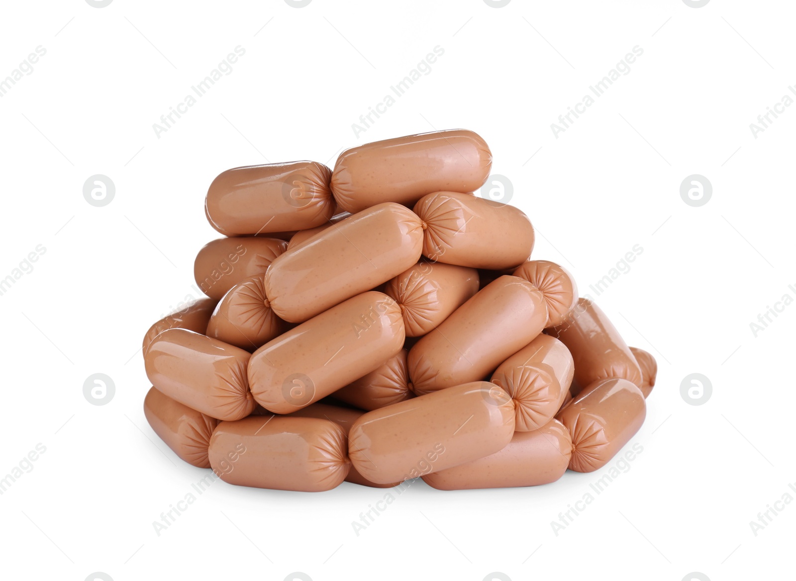 Photo of Many fresh raw sausages isolated on white. Meat product