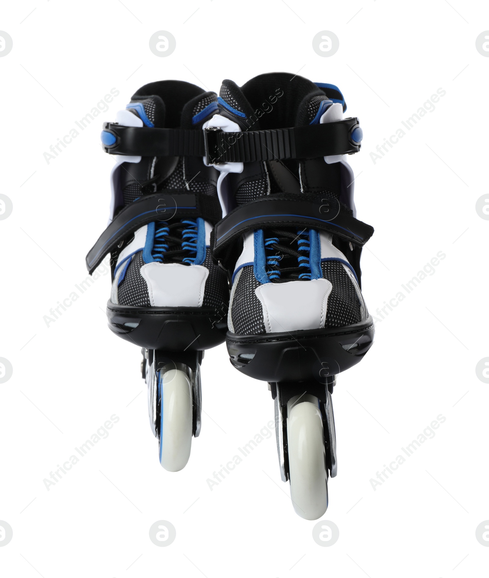 Photo of Pair of inline roller skates on white background