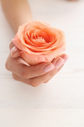 Closeup view of woman with rose at white table. Spa treatment