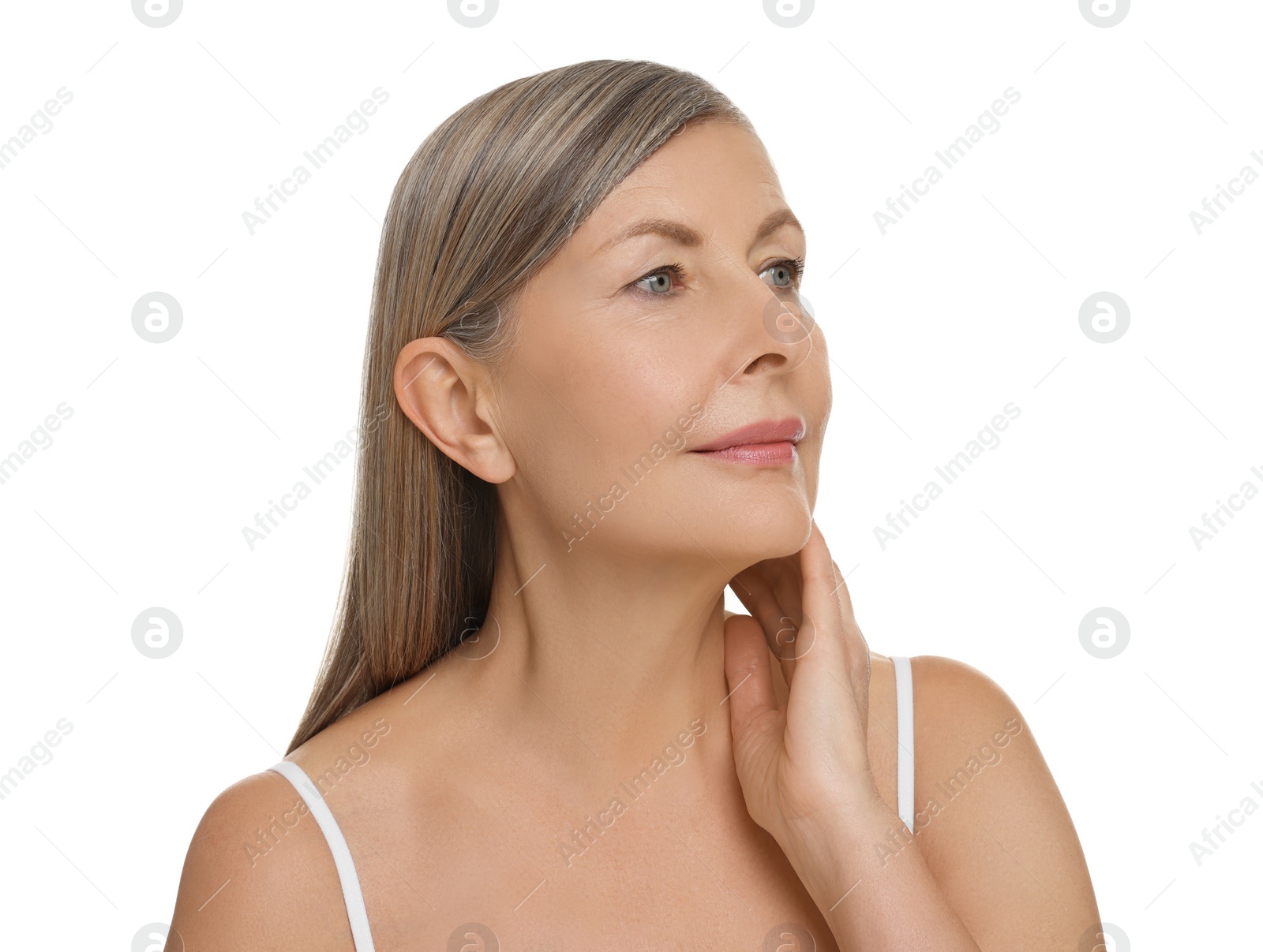 Photo of Beautiful woman touching her neck on white background