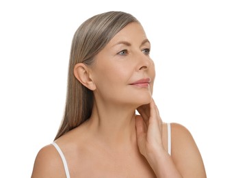 Photo of Beautiful woman touching her neck on white background