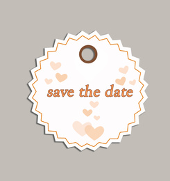 Wedding Save The Date tag on grey background, top view