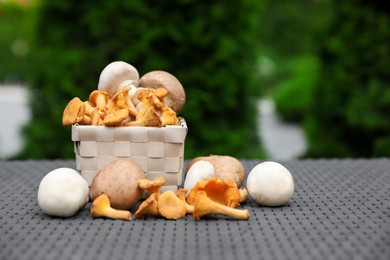 Photo of Different fresh mushrooms and basket on grey rattan table outdoors, space for text