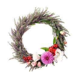 Photo of Beautiful autumnal wreath with heather flowers isolated on white