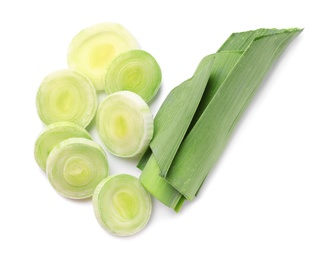 Photo of Fresh raw leek on white background. Ripe onion