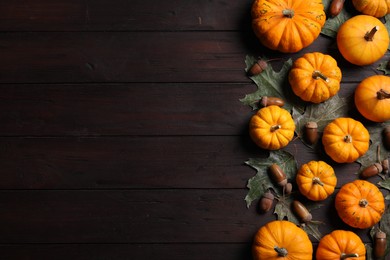 Photo of Thanksgiving day. Flat lay composition with pumpkins on dark wooden table, space for text