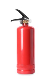 Photo of One red fire extinguisher on white background