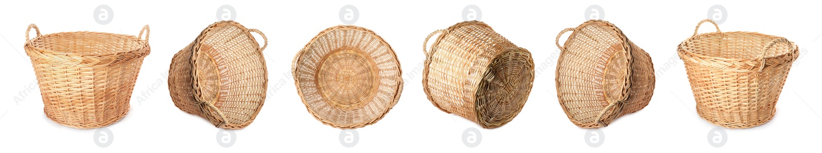 Image of Set with wicker baskets on white background. Banner design 