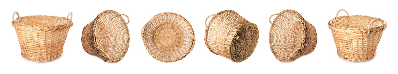 Set with wicker baskets on white background. Banner design 