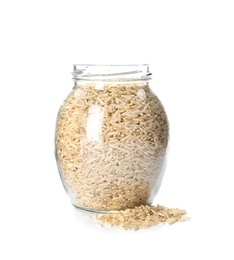 Jar with raw unpolished rice on white background