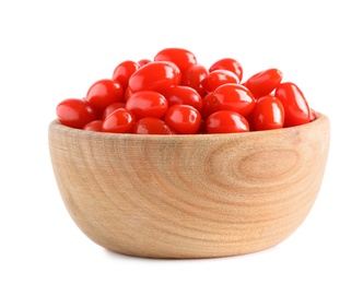 Fresh ripe goji berries in wooden bowl on white background