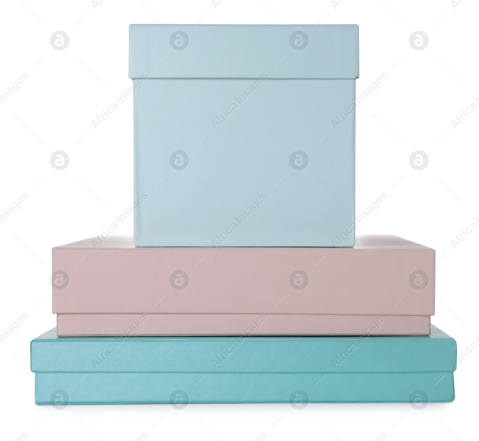 Photo of Stack of elegant gift boxes on white background
