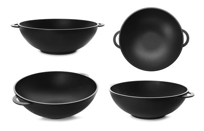 Set with empty woks on white background