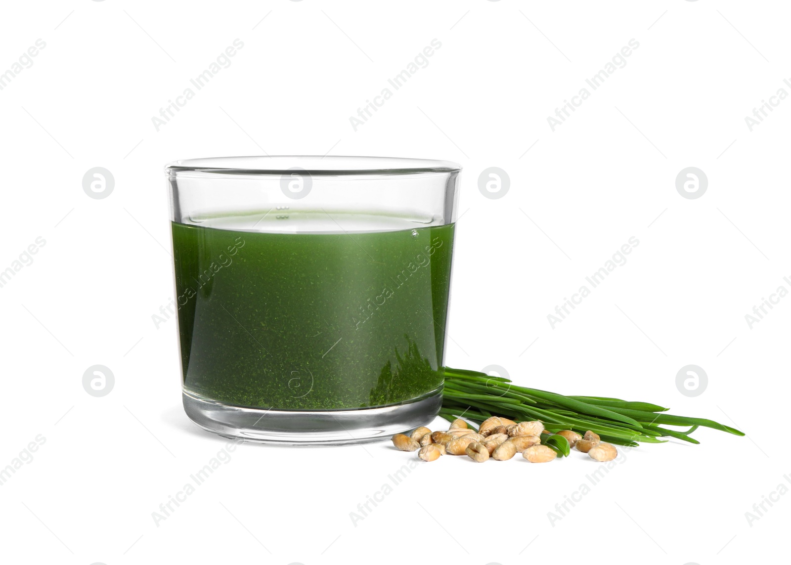 Photo of Wheat grass drink in glass, seeds and fresh green sprouts isolated on white