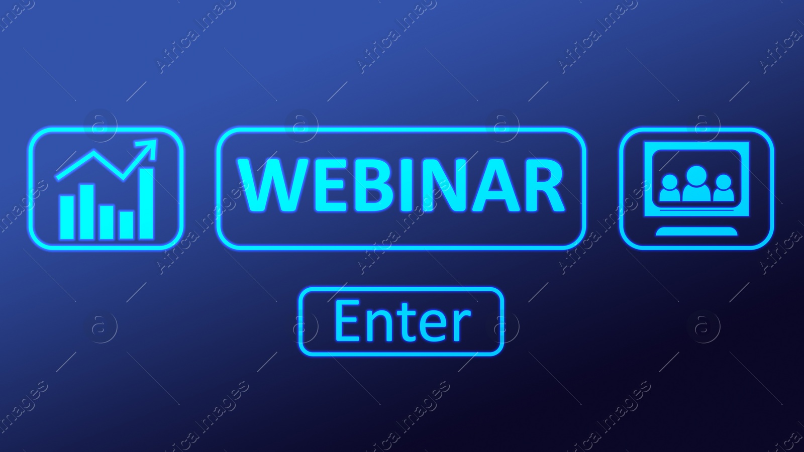 Illustration of Online webinar. Web page with different icons and Enter button on blue background