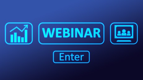 Online webinar. Web page with different icons and Enter button on blue background