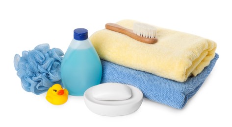 Photo of Baby cosmetic products, bath duck, accessories and towels isolated on white