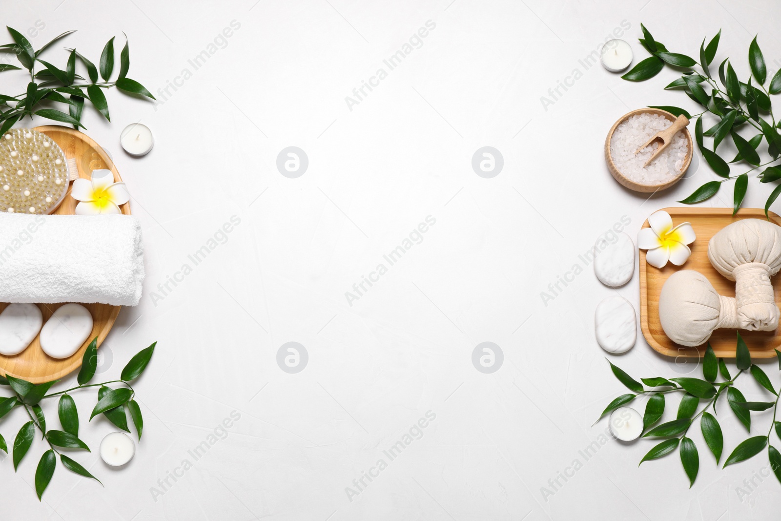 Photo of Flat lay composition with spa products on white table. Space for text