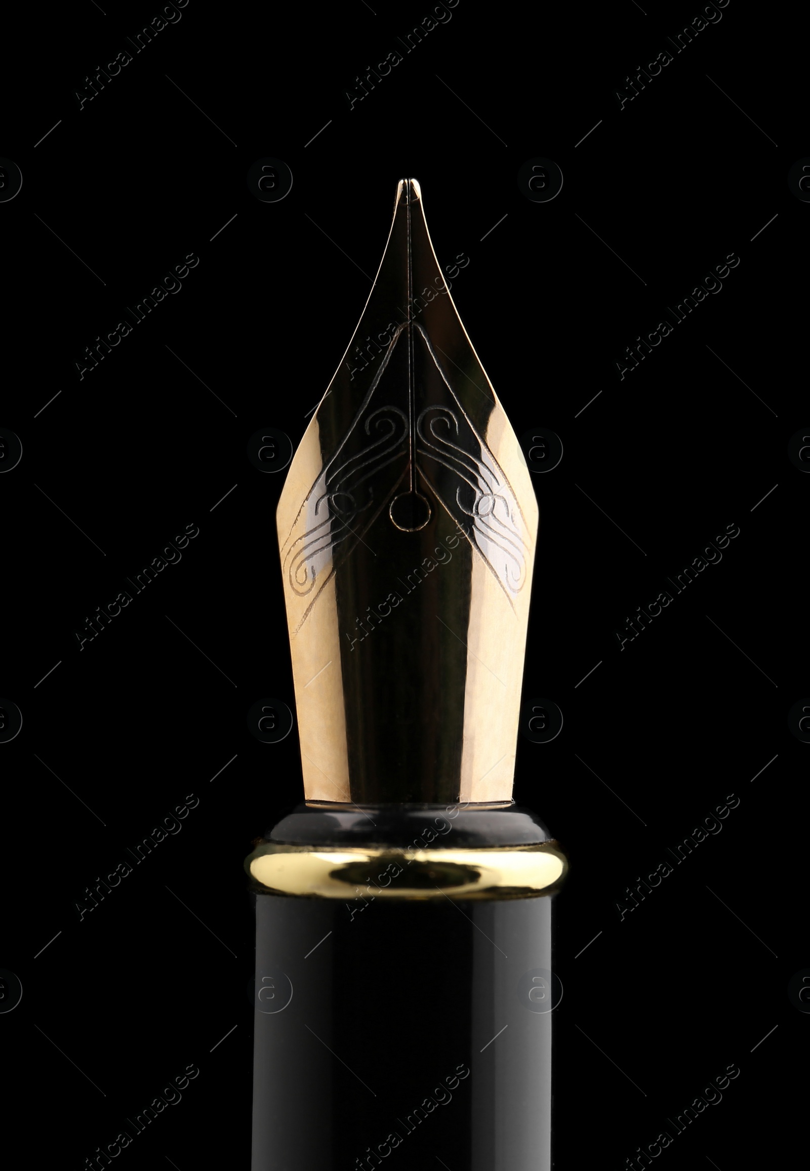 Photo of Stylish fountain pen on black background, closeup